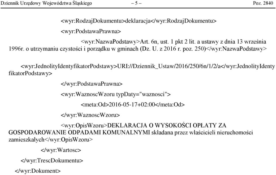 250)</wyr:NazwaPodstawy> <wyr:jednolityidentyfikatorpodstawy>uri://dziennik_ustaw/2016/250/6n/1/2/a</wyr:jednolityidenty fikatorpodstawy> </wyr:podstawaprawna> <wyr:waznoscwzoru