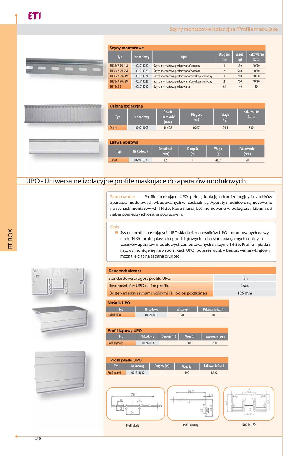 TH 15x5,5 002911010 Szyna montażowa perforowana 0,4 140 50 Osłona izolacyjna Otwór szerokość (mm) Długość (m) (g) Osłona 002911003 46±0,5 0,217 24,4 500 Listwa opisowa Szerokość (mm) Długość (m) (g)