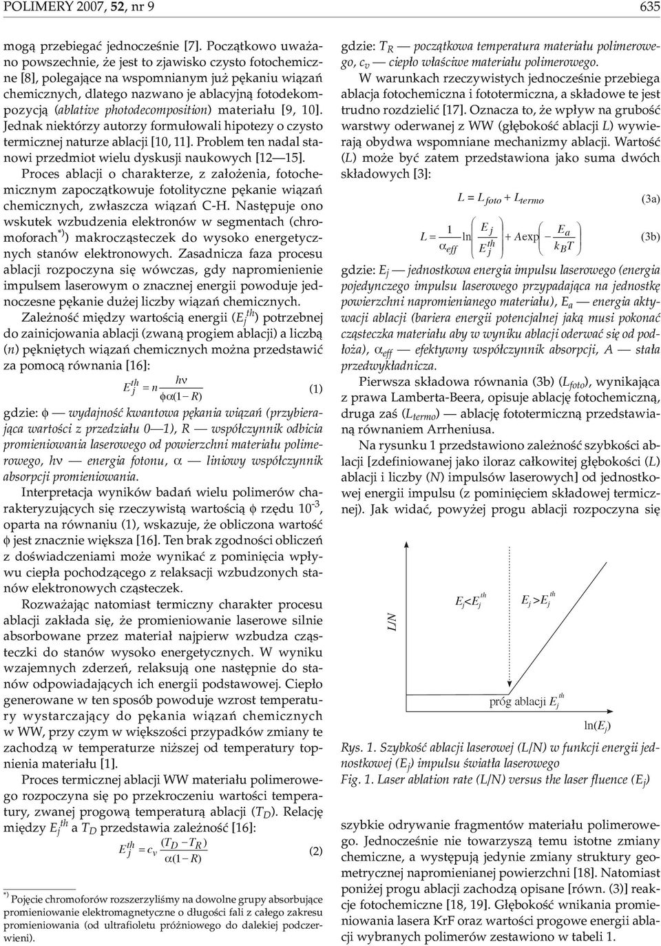 photodecomposition) materia³u [9, 10]. Jednak niektórzy autorzy formu³owali hipotezy o czysto termiczne naturze ablaci [10, 11]. Problem ten nadal stanowi przedmiot wielu dyskusi naukowych [1 15].