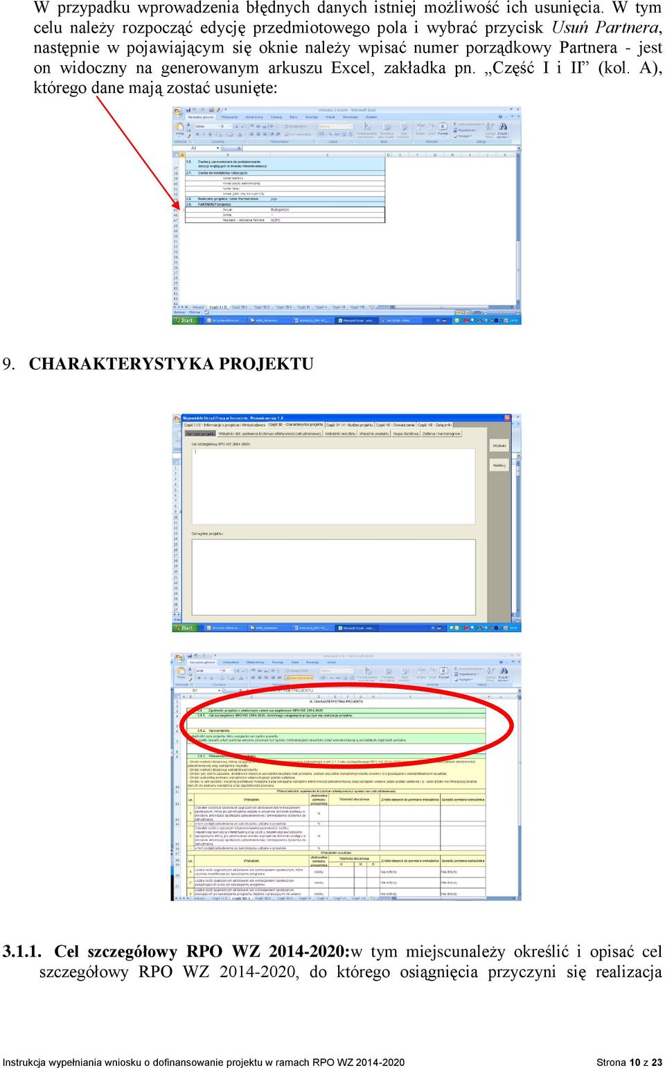 Partnera - jest on widoczny na generowanym arkuszu Excel, zakładka pn. Część I i II (kol. A), którego dane mają zostać usunięte: 9. CHARAKTERYSTYKA PROJEKTU 3.1.