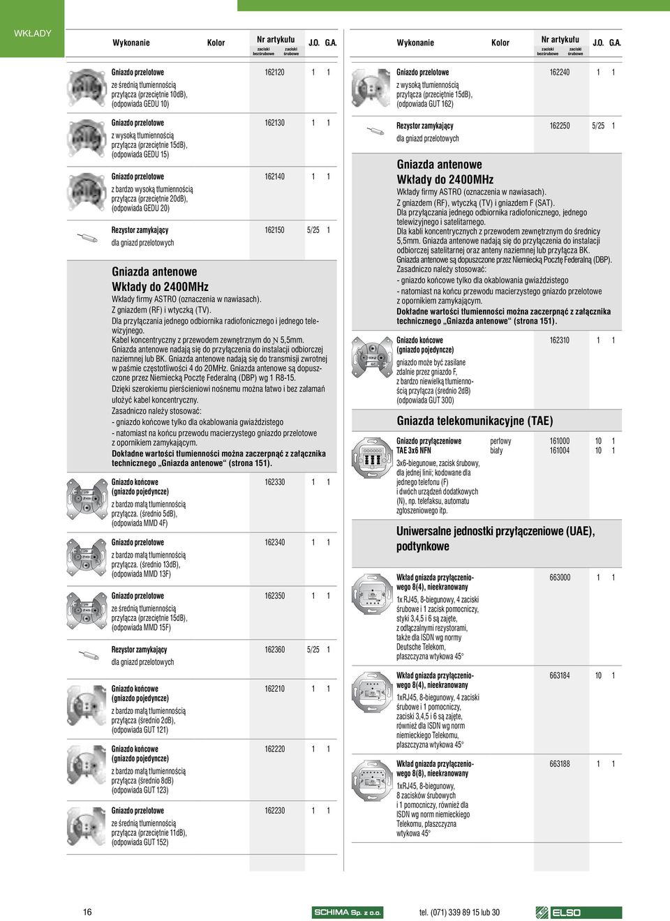 tłumiennością przyłącza (przeciętnie 20dB), (odpowiada GEDU 20) Rezystor zamykający dla gniazd przelotowych 162130 1 1 162140 1 1 162150 5/25 1 Gniazda antenowe Wkłady do 2400MHz Wkłady firmy ASTRO