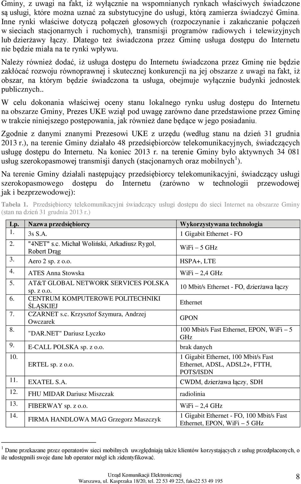 Dlatego też świadczona przez Gminę usługa dostępu do Internetu nie będzie miała na te rynki wpływu.