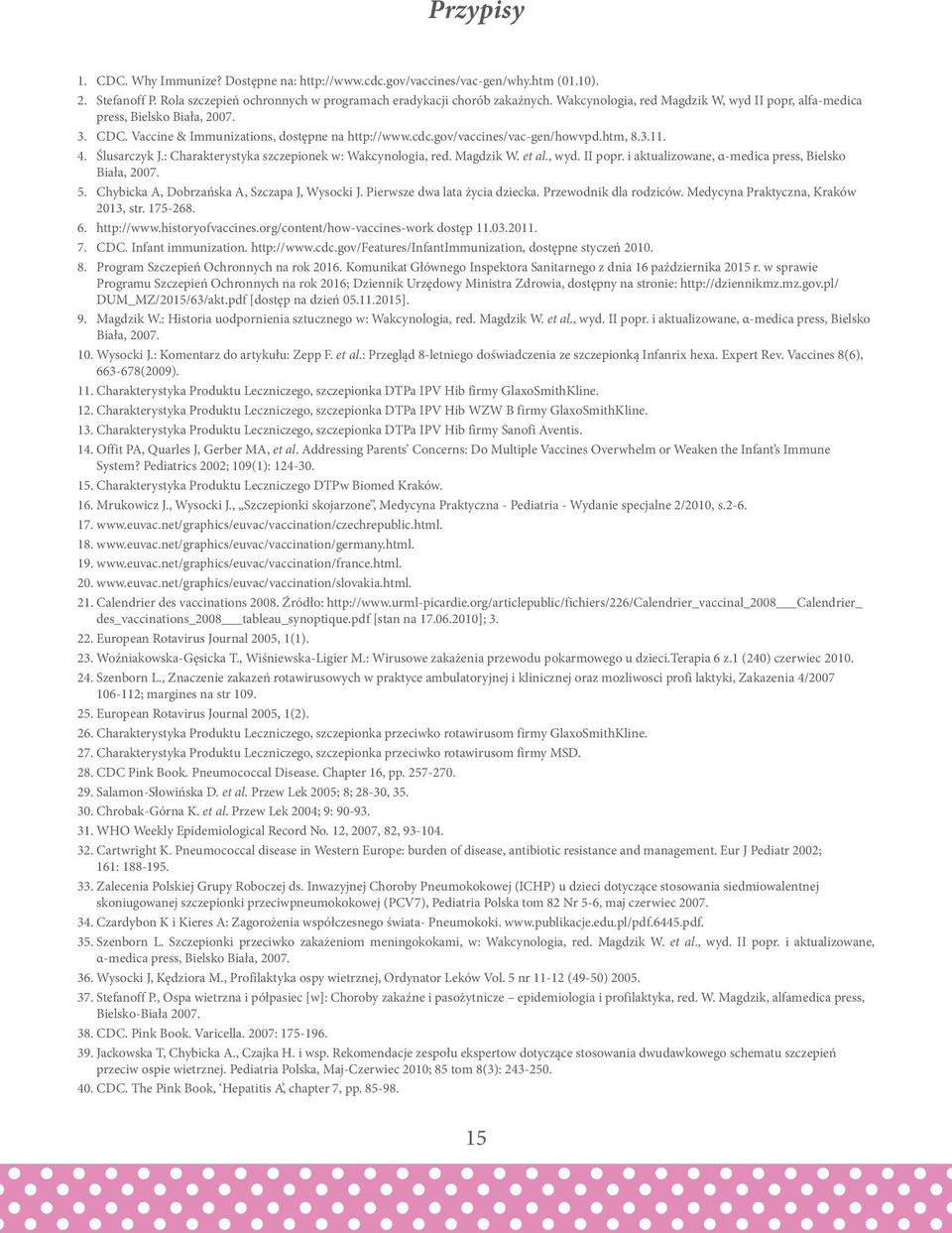 : Charakterystyka szczepionek w: Wakcynologia, red. Magdzik W. et al., wyd. II popr. i aktualizowane, α-medica press, Bielsko Biała, 2007. 5. Chybicka A, Dobrzańska A, Szczapa J, Wysocki J.