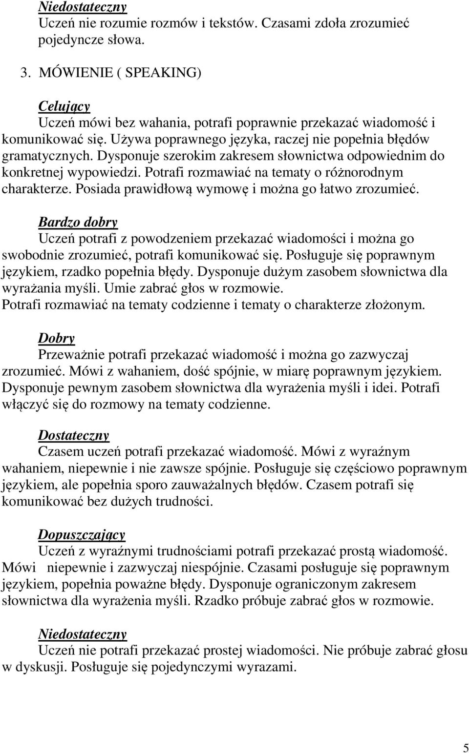 Dysponuje szerokim zakresem słownictwa odpowiednim do konkretnej wypowiedzi. Potrafi rozmawiać na tematy o różnorodnym charakterze. Posiada prawidłową wymowę i można go łatwo zrozumieć.