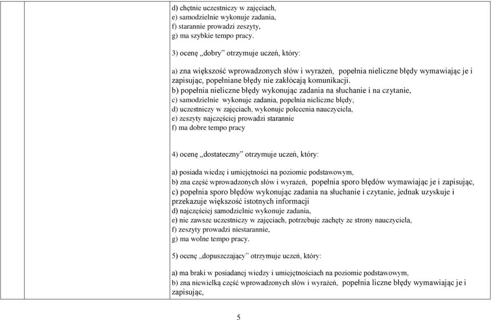 b) popełnia nieliczne błędy wykonując zadania na słuchanie i na czytanie, c) samodzielnie wykonuje zadania, popełnia nieliczne błędy, d) uczestniczy w zajęciach, wykonuje polecenia nauczyciela, e)