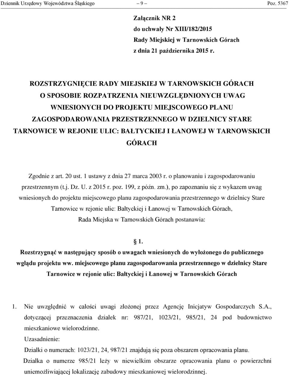 TARNOWICE W REJONIE ULIC: BAŁTYCKIEJ I ŁANOWEJ W TARNOWSKICH GÓRACH Zgodnie z art. 20 ust. 1 ustawy z dnia 27 marca 2003 r. o planowaniu i zagospodarowaniu przestrzennym (t.j. Dz. U. z 2015 r. poz.