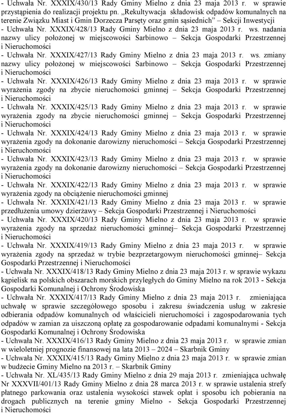 ws. nadania nazwy ulicy położonej w miejscowości Sarbinowo Sekcja Gospodarki Przestrzennej i Nieruchomości - Uchwała Nr. XXXIX/427/13 Rady Gminy Mielno z dnia 23 maja 2013 r. ws.