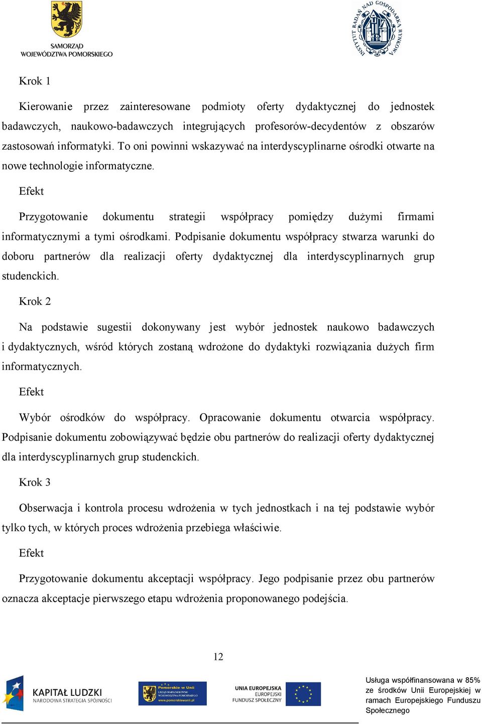 Efekt Przygotowanie dokumentu strategii współpracy pomiędzy dużymi firmami informatycznymi a tymi ośrodkami.