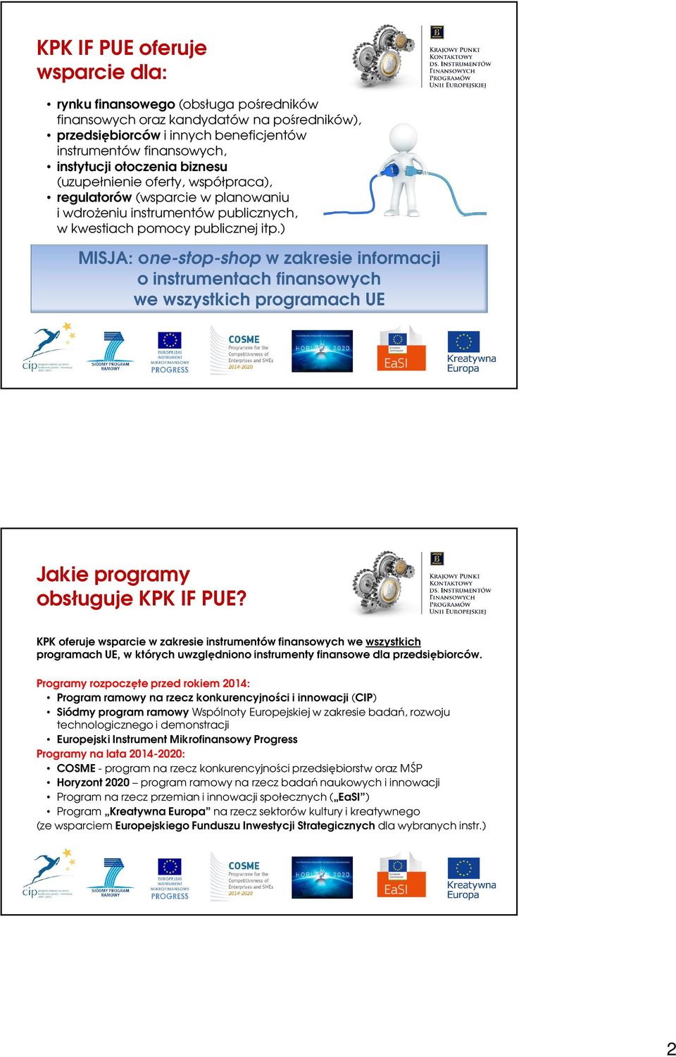 ) MISJA: one-stop-shop w zakresie informacji o instrumentach finansowych we wszystkich programach UE Jakie programy obsługuje KPK IF PUE?