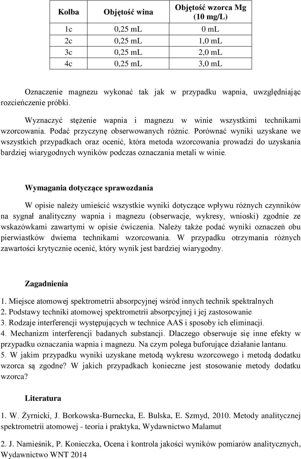 Porównać wyniki uzyskane we wszystkich przypadkach oraz ocenić, która metoda wzorcowania prowadzi do uzyskania bardziej wiarygodnych wyników podczas oznaczania metali w winie.