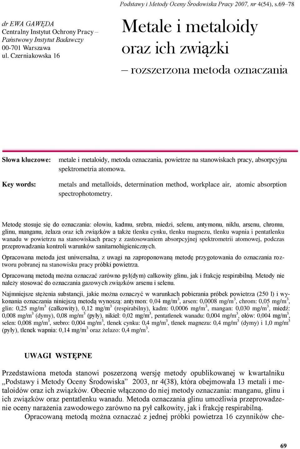 atomowa. metals and metalloids, determination method, workplace air, atomic absorption spectrophotometry.