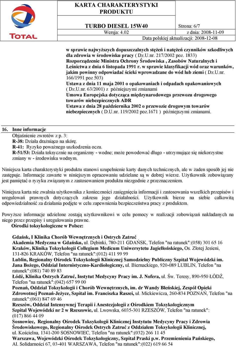 w sprawie klasyfikacji wód oraz warunków, jakim powinny odpowiadać ścieki wprowadzane do wód lub ziemi ( Dz.U.nr.