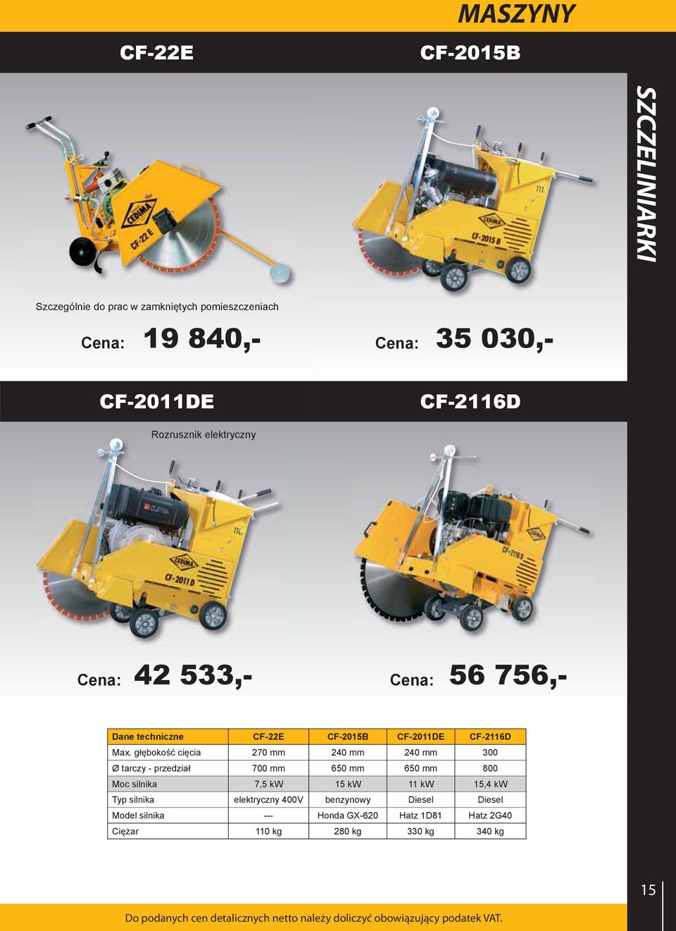 głębokość cięcia 270 mm 240 mm 240 mm 300 tarczy - przedział 700 mm 650 mm 650 mm 800 Moc silnika 7,5 kw 15 kw 11 kw 15,4