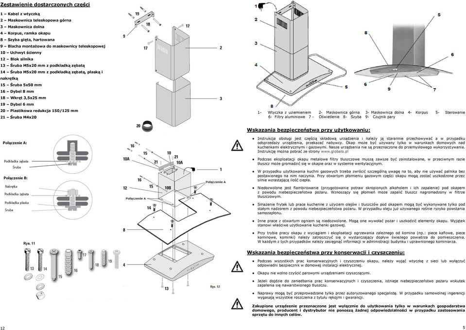 Plastikowa redukcja 150/125 mm 21 Śruba M4x20 1- Wtyczka z uziemieniem 2- Maskownica górna 3- Maskownica dolna 4- Korpus 5- Sterowanie 6- Filtry aluminiowe 7 - Oświetlenie 8- Szyba 9- Czujnik pary