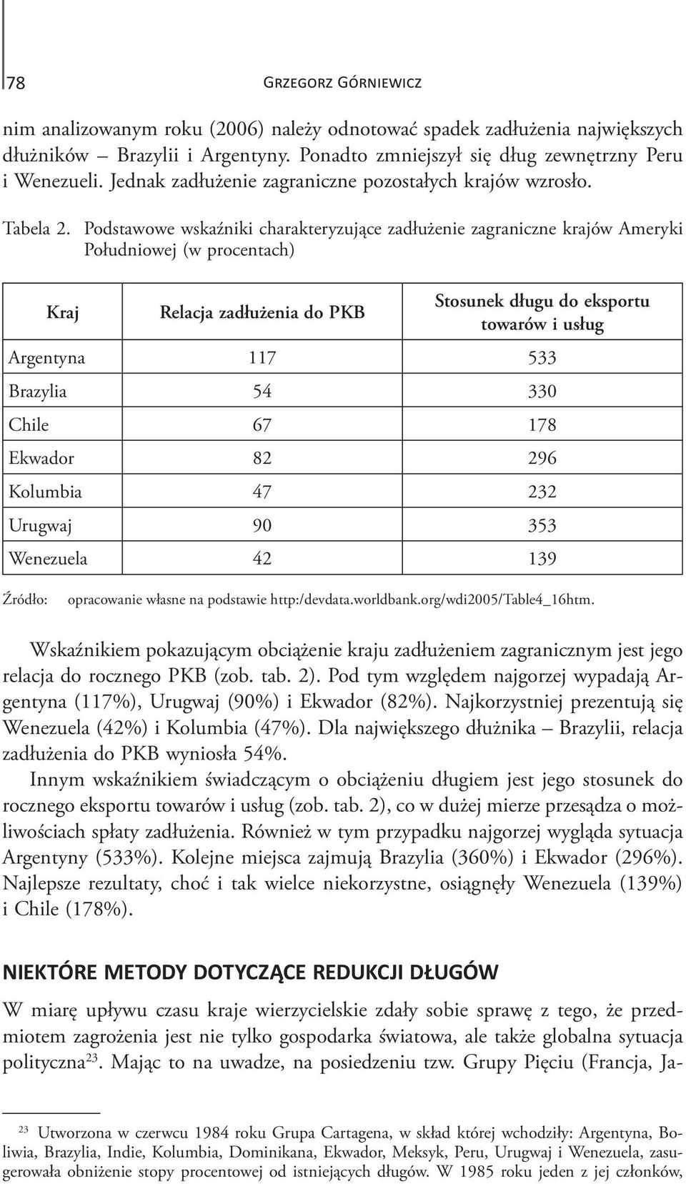 Podstawowe wskaźniki charakteryzujące zadłużenie zagraniczne krajów Ameryki Południowej (w procentach) Kraj Relacja zadłużenia do PKB Stosunek długu do eksportu towarów i usług Argentyna 117 533