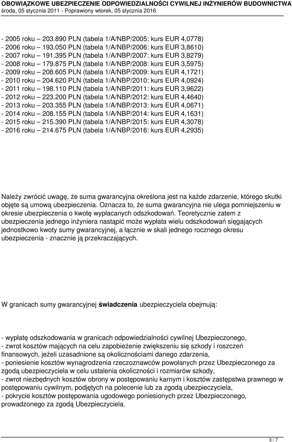 620 PLN (tabela 1/A/NBP/2010: kurs EUR 4,0924) - 2011 roku 198.110 PLN (tabela 1/A/NBP/2011: kurs EUR 3,9622) - 2012 roku 223.200 PLN (tabela 1/A/NBP/2012: kurs EUR 4,4640) - 2013 roku 203.