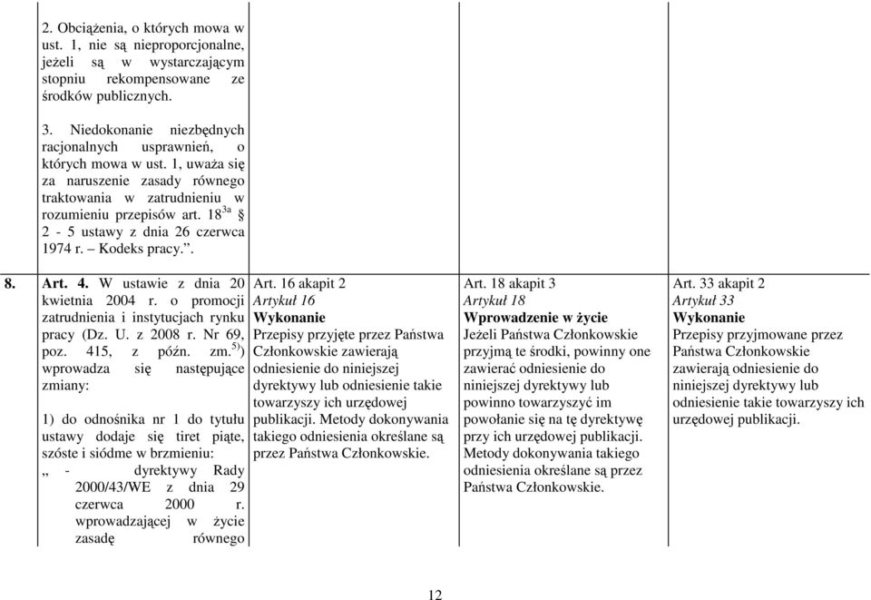 18 3a 2-5 ustawy z dnia 26 czerwca 1974 r. Kodeks pracy.. 8. Art. 4. W ustawie z dnia 20 kwietnia 2004 r. o promocji zatrudnienia i instytucjach rynku pracy (Dz. U. z 2008 r. Nr 69, poz. 415, z późn.