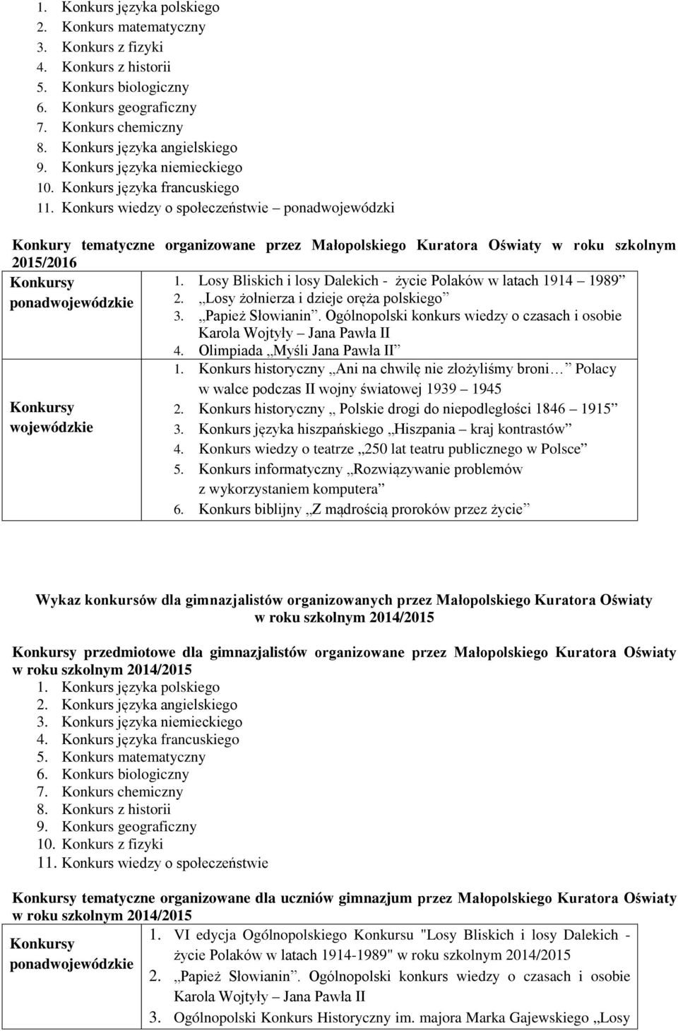 Konkurs wiedzy o społeczeństwie ponadwojewódzki Konkury tematyczne organizowane przez Małopolskiego Kuratora Oświaty w roku szkolnym 2015/2016 1.