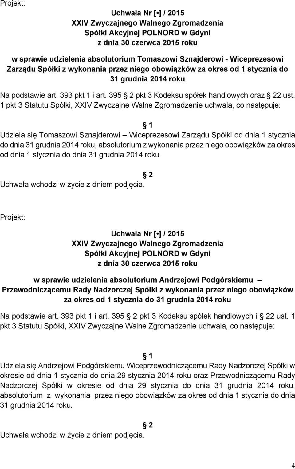 1 Udziela się Tomaszowi Sznajderowi Wiceprezesowi Zarządu Spółki od dnia 1 stycznia do dnia 31 grudnia 2014 roku, absolutorium z wykonania przez niego obowiązków za okres od dnia 1 stycznia do dnia