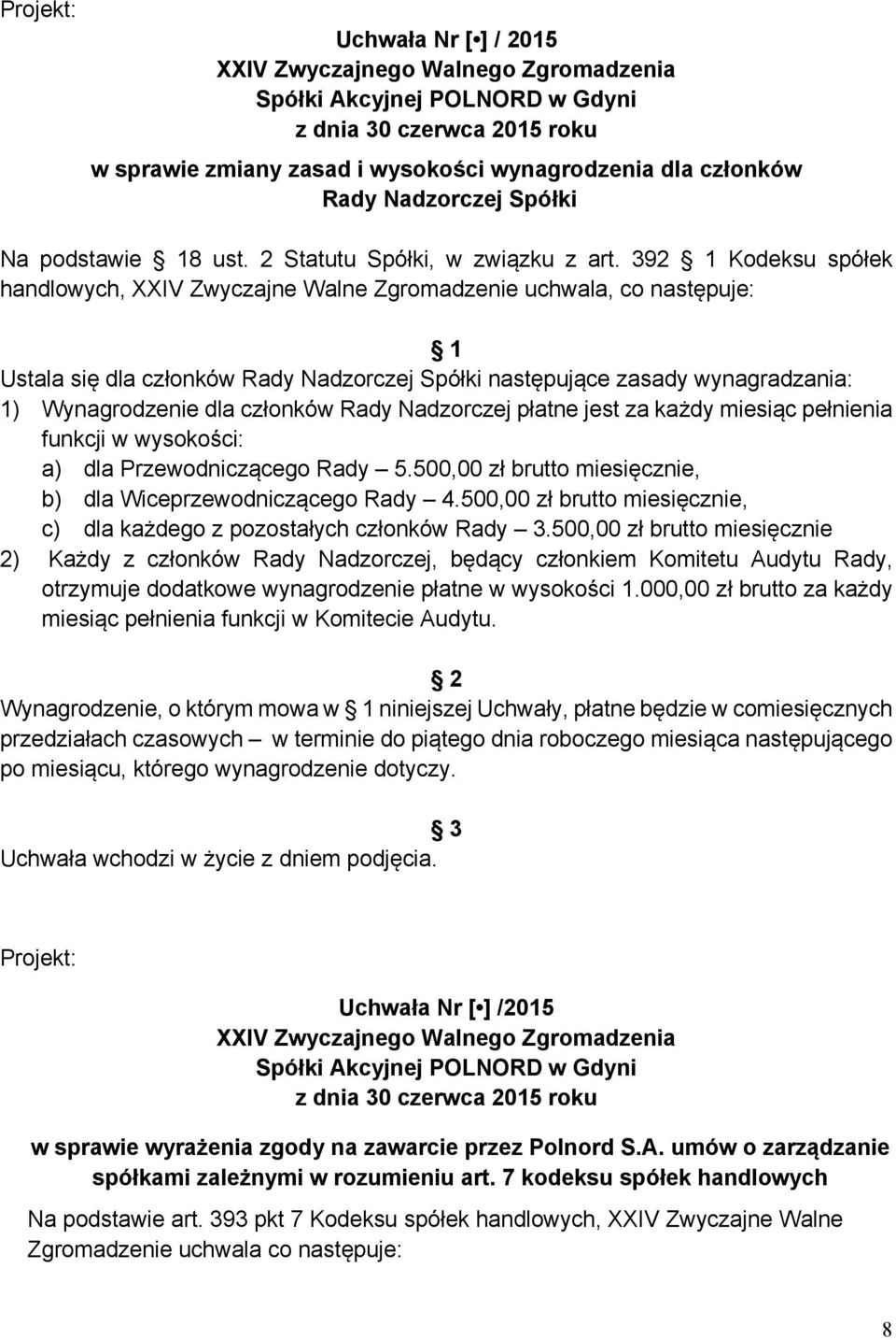 Rady Nadzorczej płatne jest za każdy miesiąc pełnienia funkcji w wysokości: a) dla Przewodniczącego Rady 5.500,00 zł brutto miesięcznie, b) dla Wiceprzewodniczącego Rady 4.