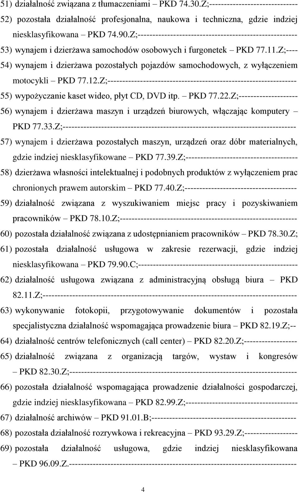 Z;---- 54) wynajem i dzierżawa pozostałych pojazdów samochodowych, z wyłączeniem motocykli PKD 77.12.