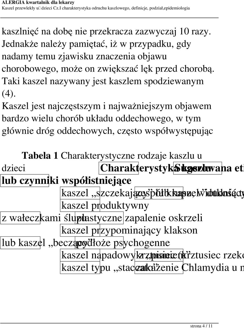Kaszel jest najczęstszym i najważniejszym objawem bardzo wielu chorób układu oddechowego, w tym głównie dróg oddechowych, często współwystępując Tabela 1 Charakterystyczne rodzaje kaszlu u dzieci
