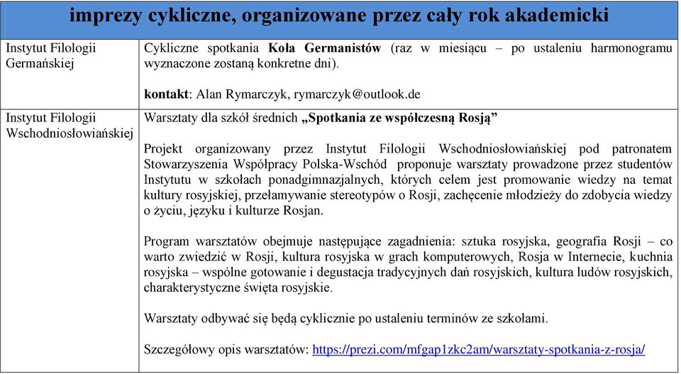de Warsztaty dla szkół średnich Spotkania ze współczesną Rosją Projekt organizowany przez Wschodniosłowiańskiej pod patronatem Stowarzyszenia Współpracy Polska-Wschód proponuje warsztaty prowadzone