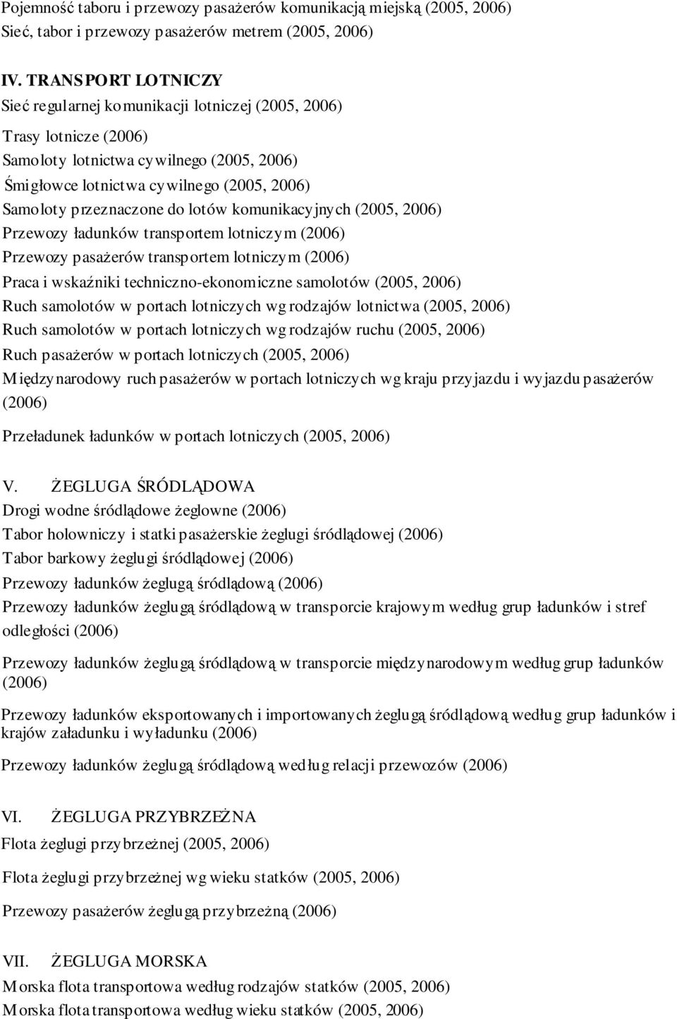 lotów komunikacyjnych (2005, 2006) Przewozy ładunków transportem lotniczym Przewozy pasaŝerów transportem lotniczym Praca i wskaźniki techniczno-ekonomiczne samolotów (2005, 2006) Ruch samolotów w