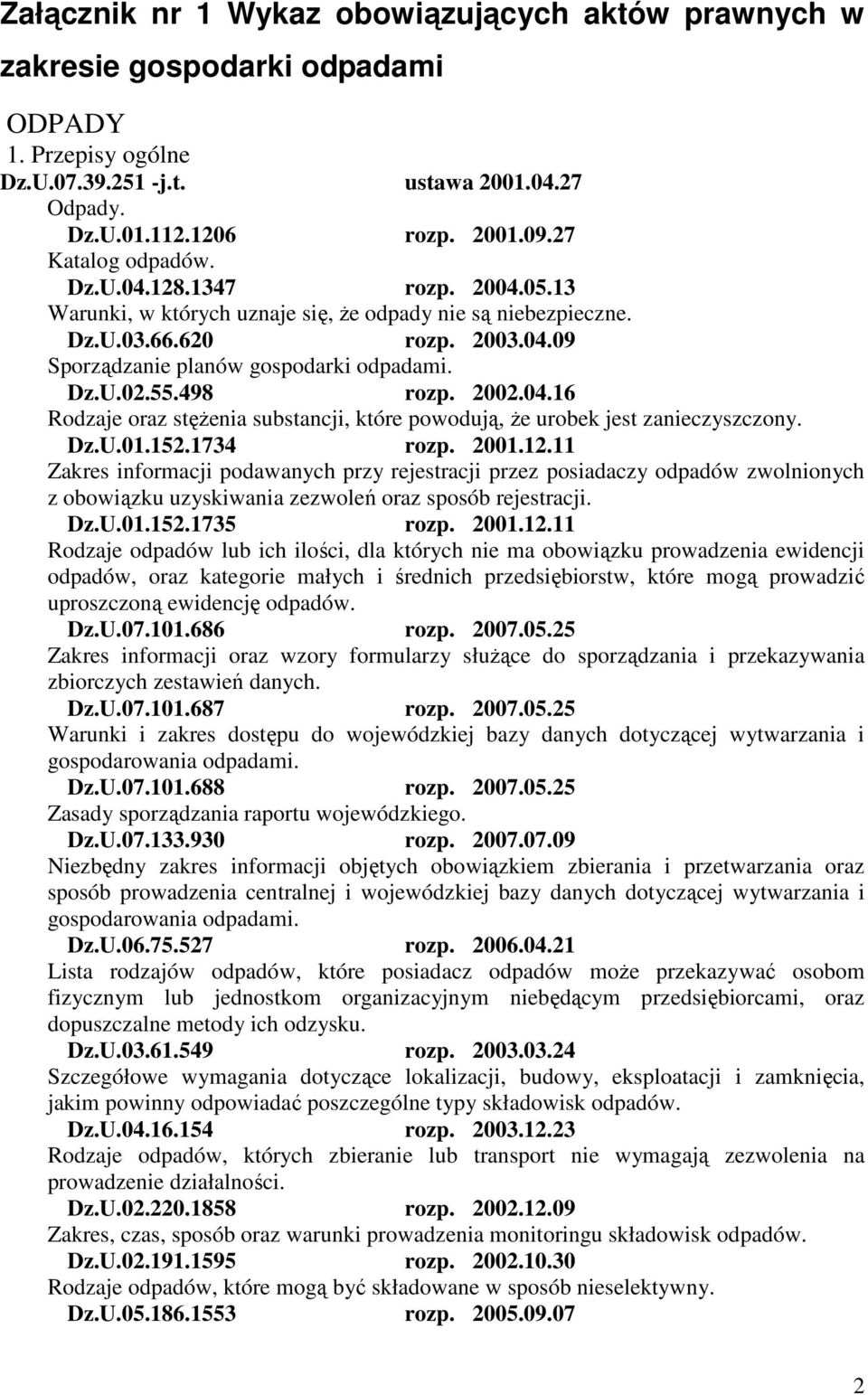 55.498 rozp. 2002.04.16 Rodzaje oraz stęŝenia substancji, które powodują, Ŝe urobek jest zanieczyszczony. Dz.U.01.152.1734 rozp. 2001.12.