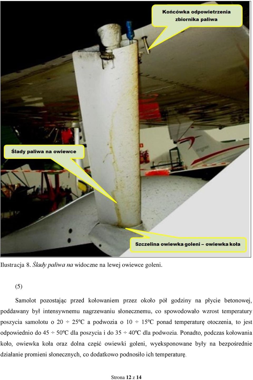 spowodowało wzrost temperatury poszycia samolotu o 20 25ºC a podwozia o 10 15ºC ponad temperaturę otoczenia, to jest odpowiednio do 45 50ºC dla