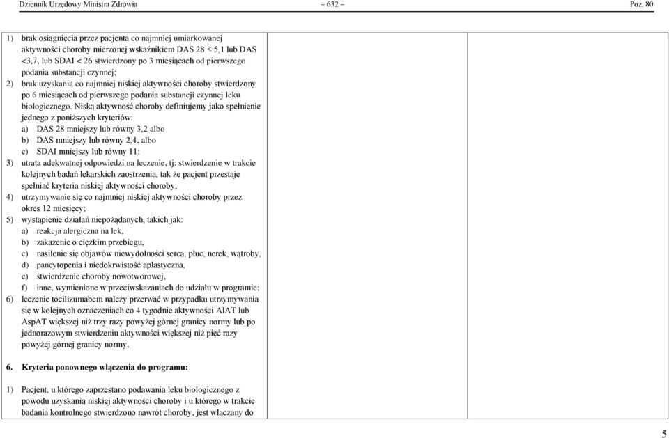 substancji czynnej; 2) brak uzyskania co najmniej niskiej aktywności choroby stwierdzony po 6 miesiącach od pierwszego podania substancji czynnej leku biologicznego.