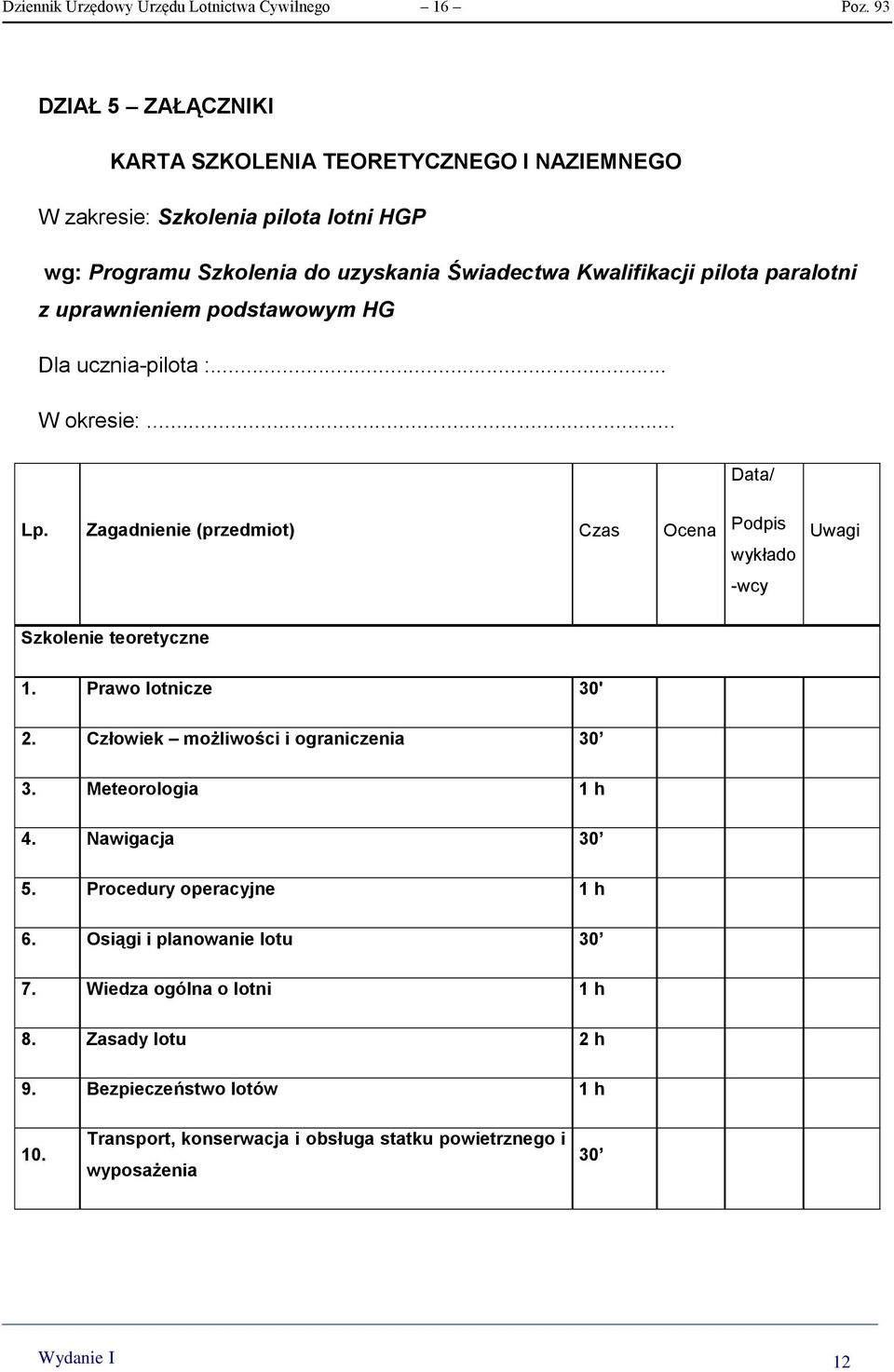 paralotni z uprawnieniem podstawowym HG Dla ucznia-pilota :... W okresie:... Data/ Lp. Zagadnienie (przedmiot) Czas Ocena Podpis wykłado -wcy Uwagi Szkolenie teoretyczne 1.