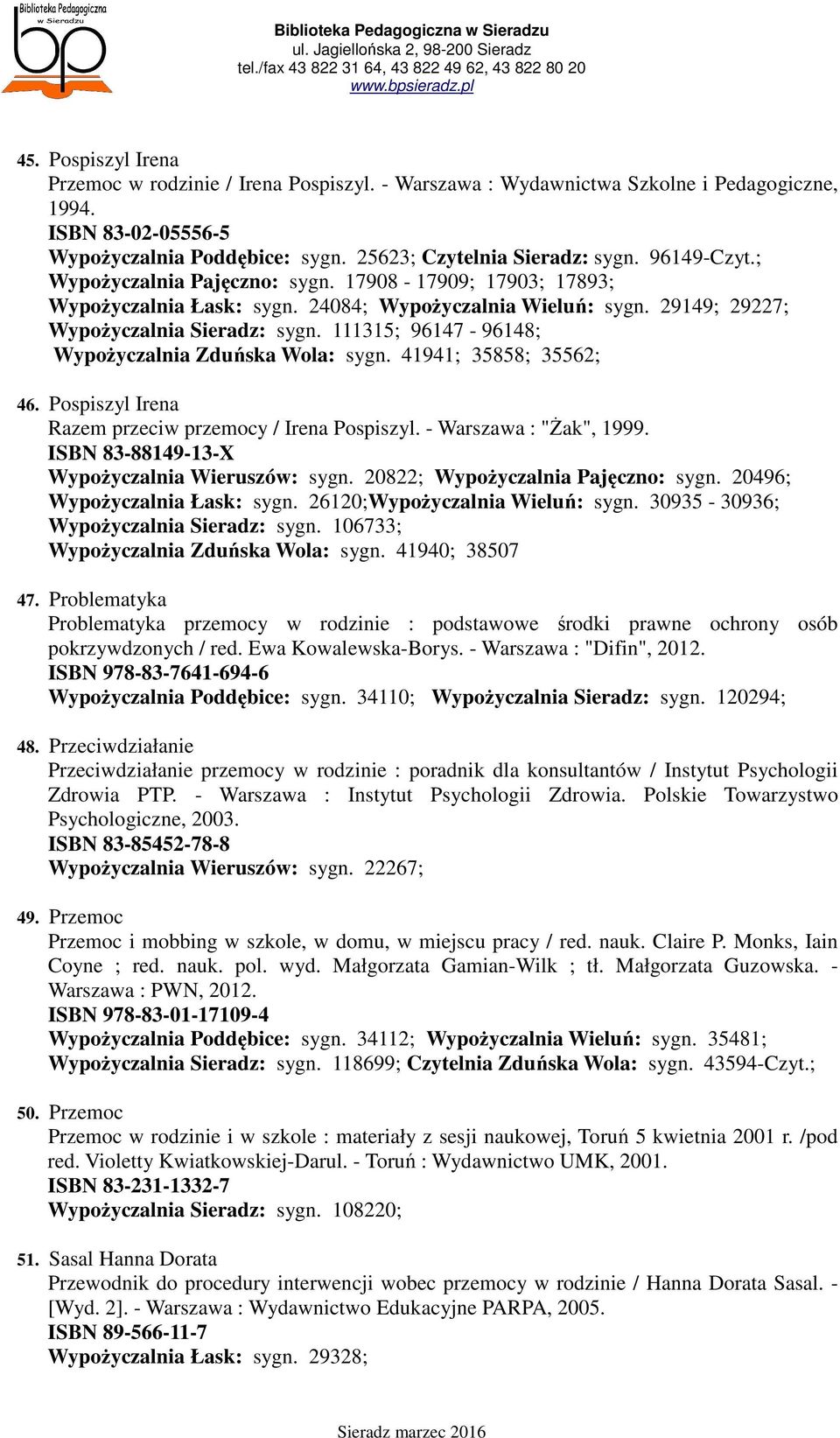 111315; 96147-96148; Wypożyczalnia Zduńska Wola: sygn. 41941; 35858; 35562; 46. Pospiszyl Irena Razem przeciw przemocy / Irena Pospiszyl. - Warszawa : "Żak", 1999.