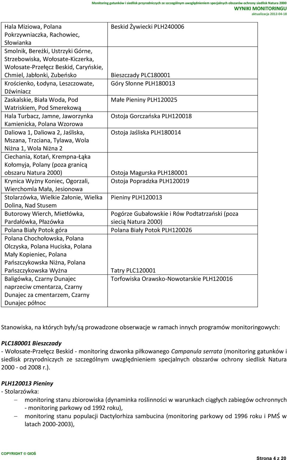 Trzciana, Tylawa, Wola Niżna 1, Wola Niżna 2 Ciechania, Kotań, Krempna-Łąka Kołomyja, Polany (poza granicą obszaru Natura 2000) Krynica Wyżny Koniec, Ogorzali, Wierchomla Mała, Jesionowa Stolarzówka,