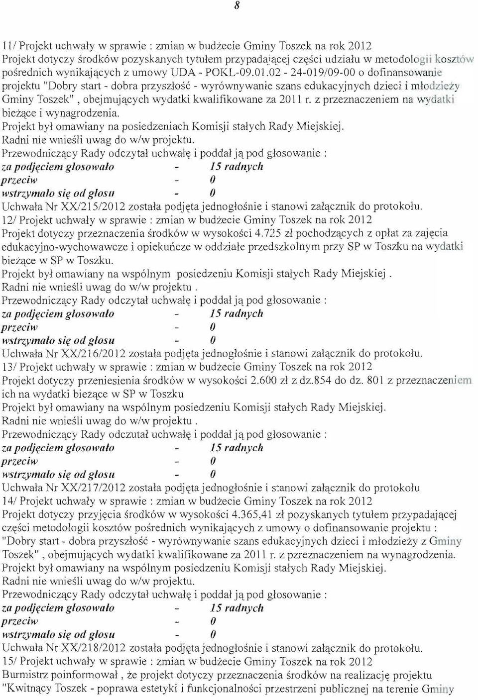02-24-019/09-00 0 dofinansowanie projektu "Dobry start - dobra przyszlosc - wyr6wnywanie szans edukacyjnych dzieci i mlodziezy Gminy Toszek", obejmuj1jccych wydatki kwalifikowane za 20 II r.