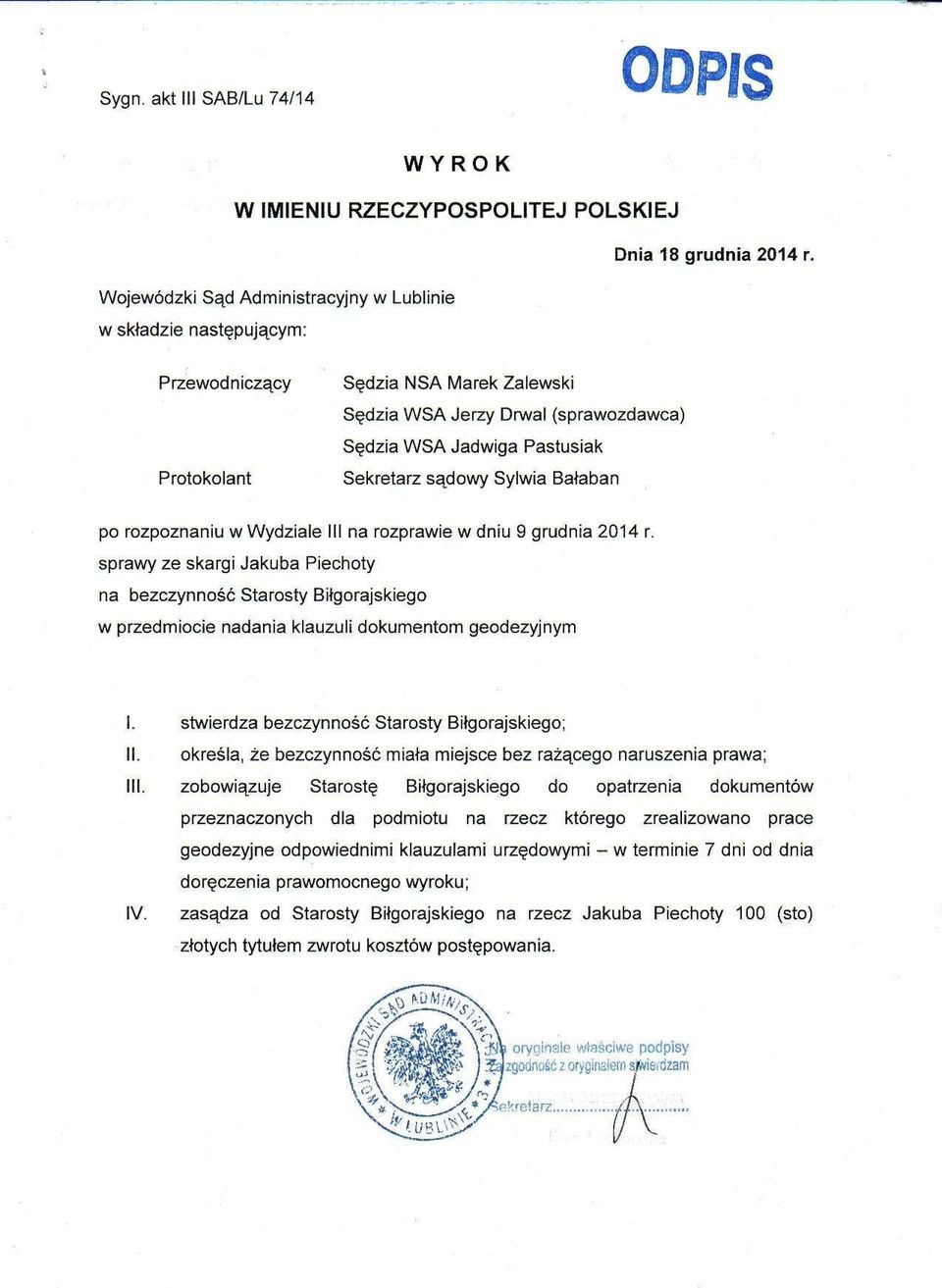 sądowy Sylwia Bałaban po rozpoznaniu w Wydziale III na rozprawie w dniu 9 grudnia 2014 r.