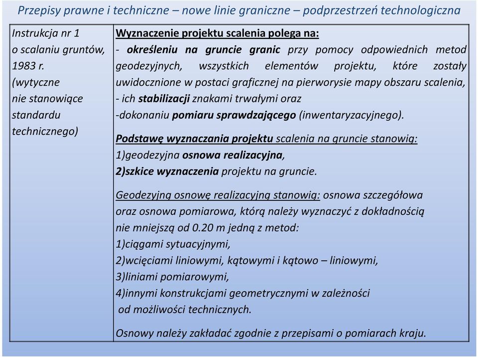 które zostały uwidocznione w postaci graficznej na pierworysie mapy obszaru scalenia, - ich stabilizacji znakami trwałymi oraz -dokonaniu pomiaru sprawdzającego(inwentaryzacyjnego).