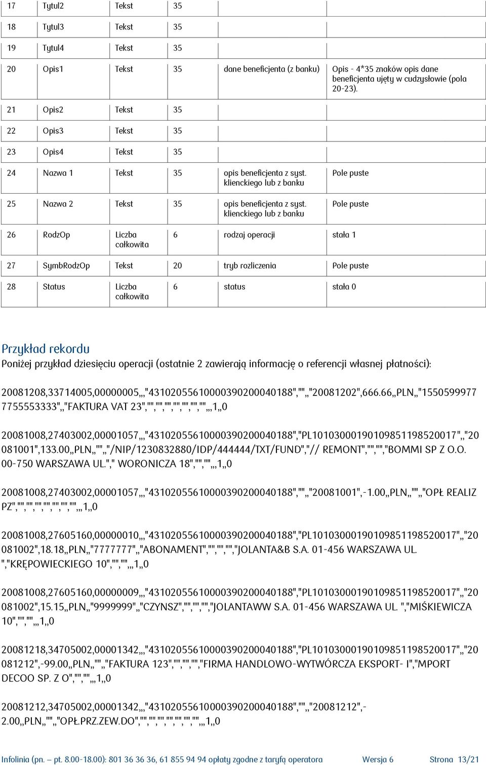 klienckiego lub z banku Pole puste Pole puste 26 RodzOp Liczba całkowita 6 rodzaj operacji stała 1 27 SymbRodzOp Tekst 20 tryb rozliczenia Pole puste 28 Status Liczba całkowita 6 status stała 0