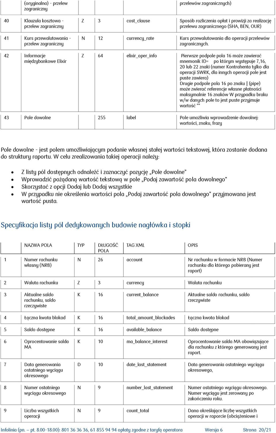 Z 64 elixir_oper_info Pierwsze podpole pola 16 może zawierać mnemonik ID= po którym występuje 7,16, 20 lub 22 znaki (numer Kontrahenta tylko dla operacji SWRK, dla innych operacji pole jest puste