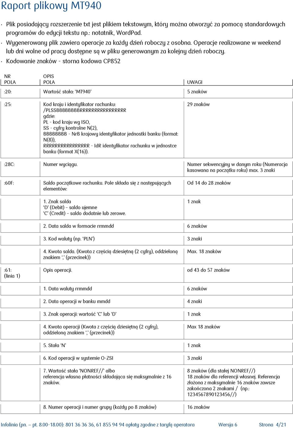 Kodowanie znaków - storna kodowa CP852 NR OPIS POLA POLA UWAGI :20: Wartość stała: MT940 5 znaków :25: Kod kraju i identyfikator rachunku: /PLSSBBBBBBBBRRRRRRRRRRRRRRRR gdzie: PL - kod kraju wg ISO,
