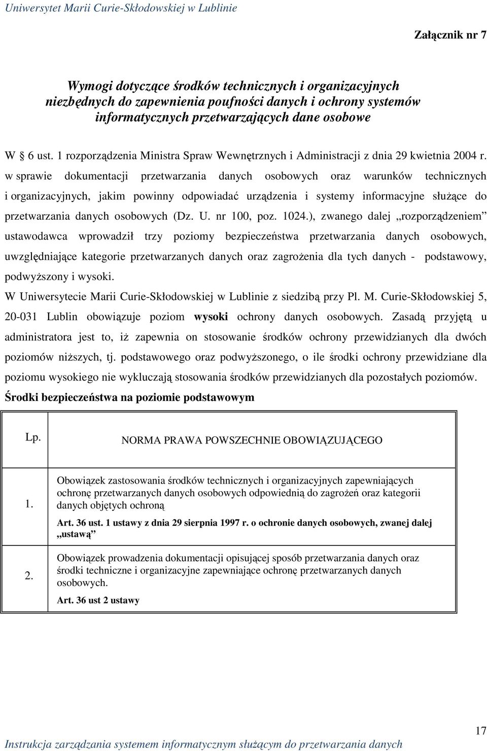 w sprawie dokumentacji przetwarzania danych osobowych oraz warunków technicznych i organizacyjnych, jakim powinny odpowiadać urządzenia i systemy informacyjne słuŝące do przetwarzania danych