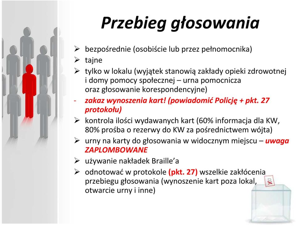 27 protokołu) kontrola ilości wydawanych kart (60% informacja dla KW, 80% prośba o rezerwy do KW za pośrednictwem wójta) urny na karty do głosowania