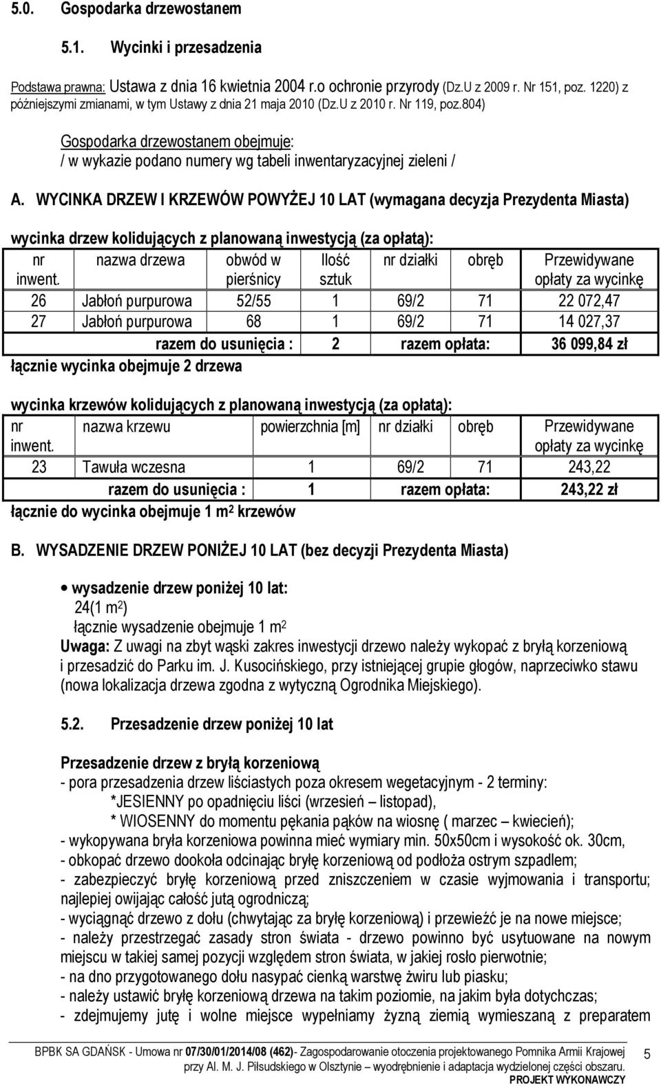WYCINKA DRZEW I KRZEWÓW POWYŻEJ 10 LAT (wymagana decyzja Prezydenta Miasta) wycinka drzew kolidujących z planowaną inwestycją (za opłatą): nr inwent.
