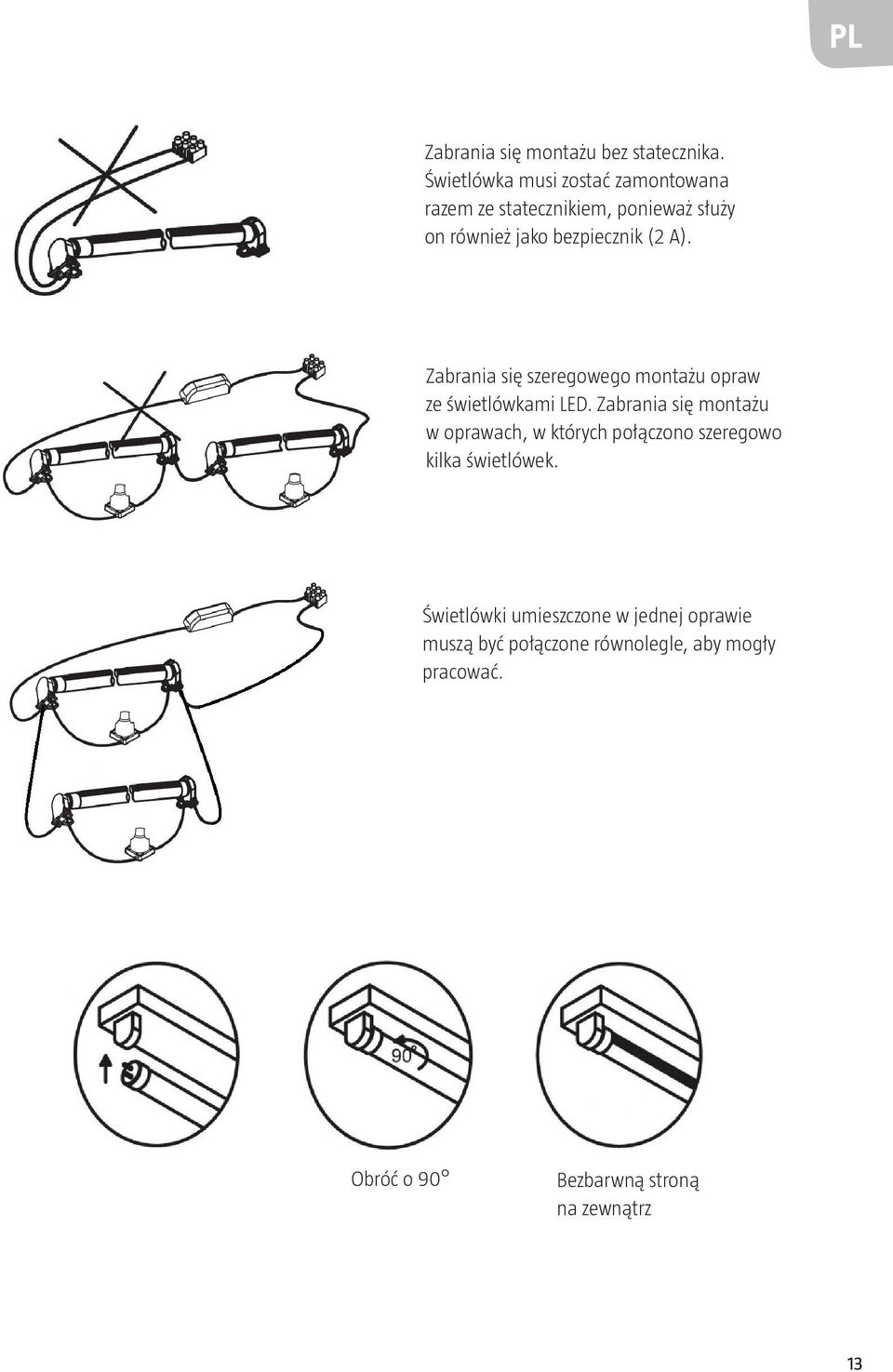 A). Zabrania się szeregowego montażu opraw ze świetlówkami LED.