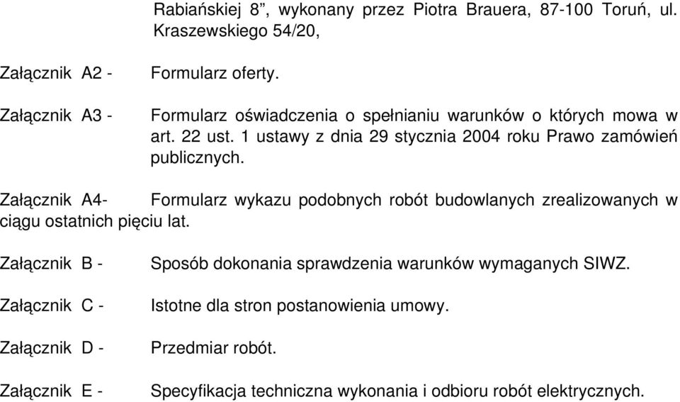 Załącznik A4 Formularz wykazu podobnych robót budowlanych zrealizowanych w ciągu ostatnich pięciu lat.