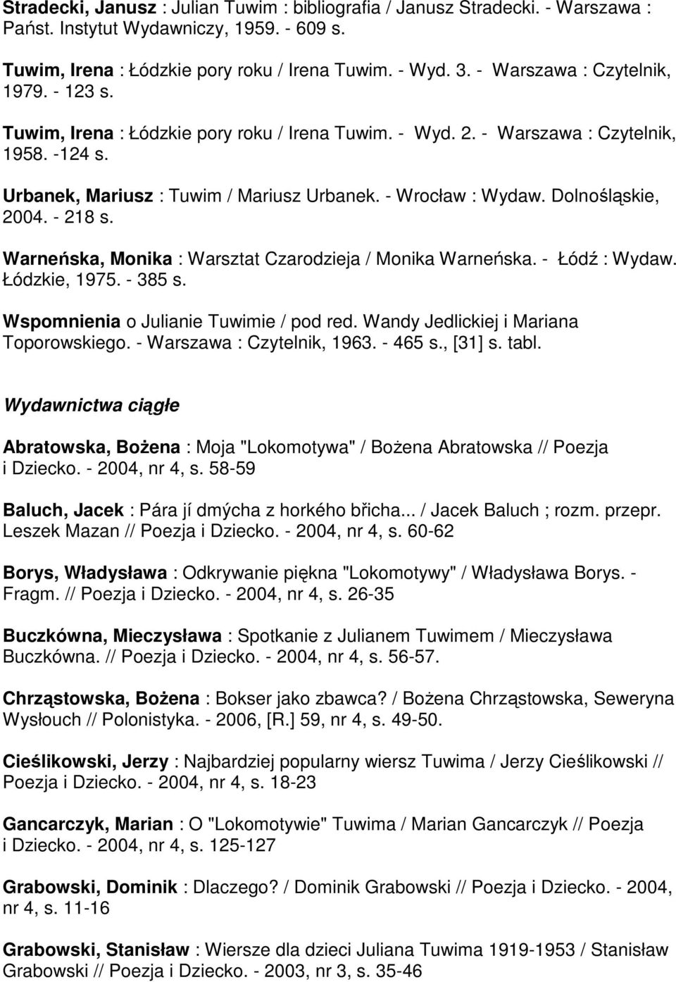 Dolnośląskie, 2004. - 218 s. Warneńska, Monika : Warsztat Czarodzieja / Monika Warneńska. - Łódź : Wydaw. Łódzkie, 1975. - 385 s. Wspomnienia o Julianie Tuwimie / pod red.