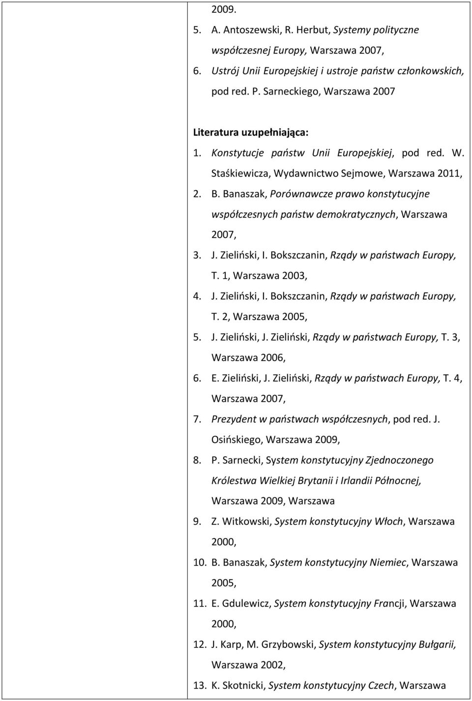 Banaszak, Porównawcze prawo konstytucyjne współczesnych państw demokratycznych, Warszawa 2007, 3. J. Zieliński, I. Bokszczanin, Rządy w państwach Europy, T. 1, Warszawa 2003, 4. J. Zieliński, I. Bokszczanin, Rządy w państwach Europy, T. 2, Warszawa 2005, 5.