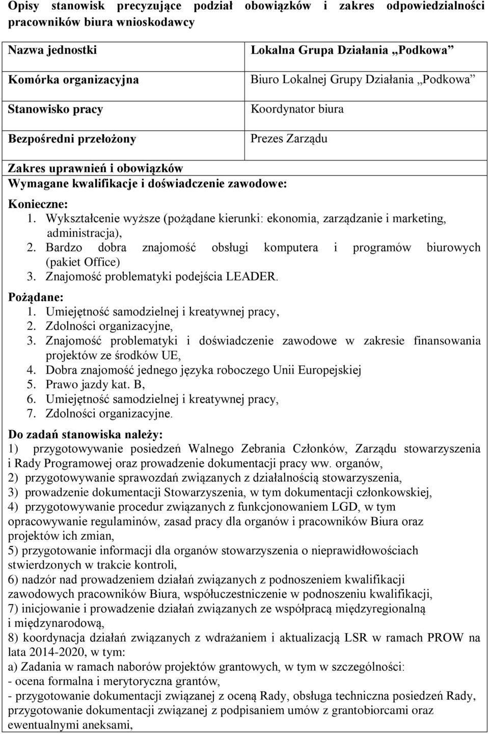 Znajomość problematyki podejścia LEADER. 1. Umiejętność samodzielnej i kreatywnej pracy, 2. Zdolności organizacyjne, 3.