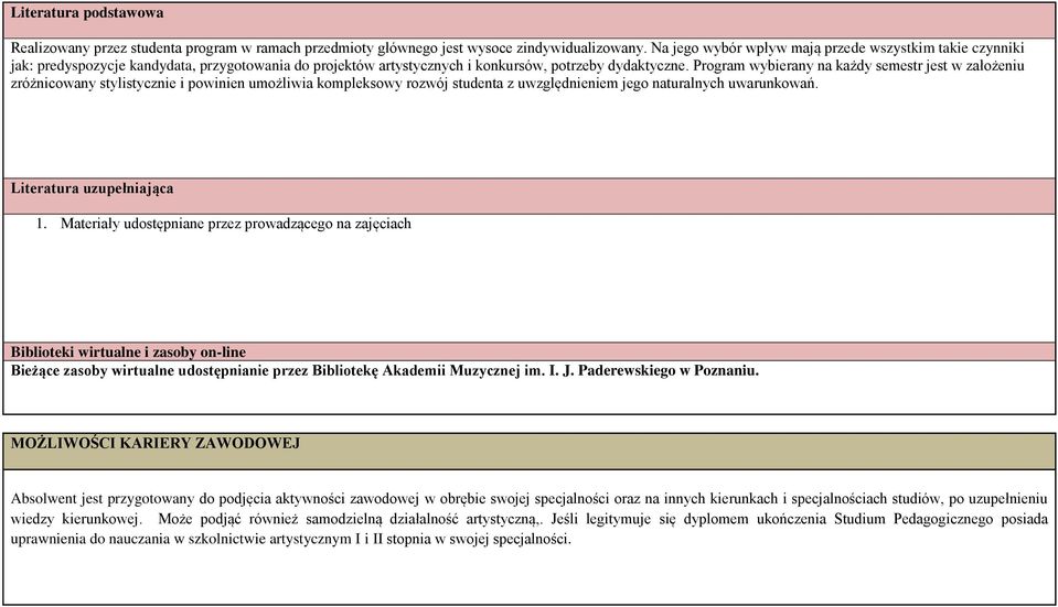 Program wybierany na każdy semestr jest w założeniu zróżnicowany stylistycznie i powinien umożliwia kompleksowy rozwój studenta z uwzględnieniem jego naturalnych uwarunkowań.