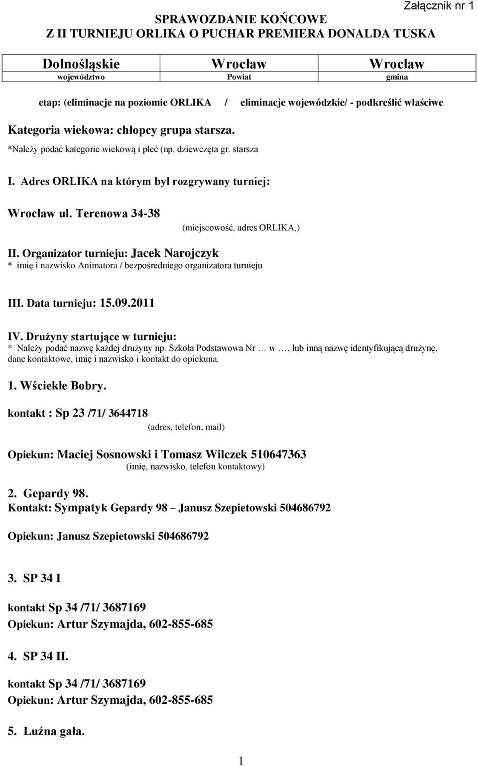 Adres ORLIKA na którym był rozgrywany turniej: Wrocław ul. Terenowa 34-38 (miejscowość, adres ORLIKA,) II.